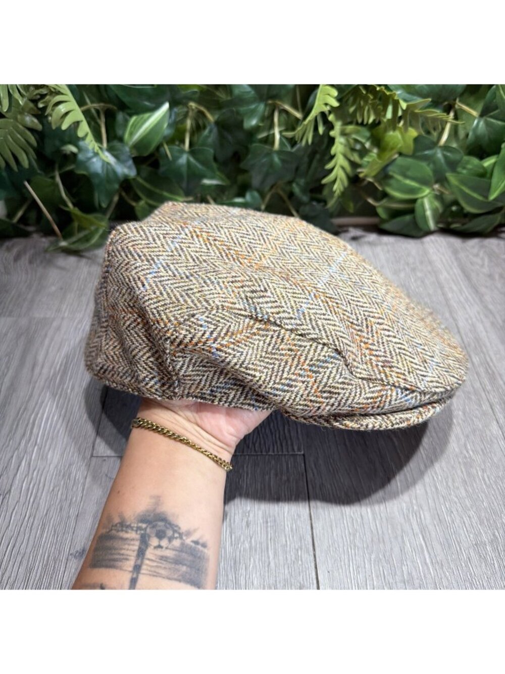 Vintage Harris Tweed Flat Cap Brown Houndstooth Wool Newsboy Ivy Hat Size XXL